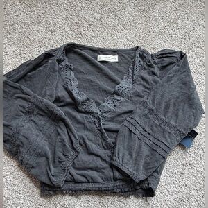 Lucky Brand Charcoal Eyelet V-Neck Blouse